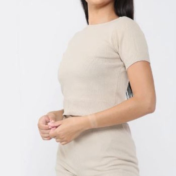 Beige Knit Short And Tee Set Soft Stretch Shorts And T-shirt Coordinates - Picture 2 of 15